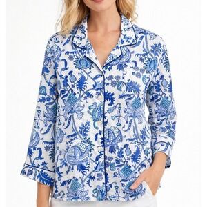 Roller Rabbit Amanda Blue 100% Cotton Pajama Top M Block Print Coastal Boho